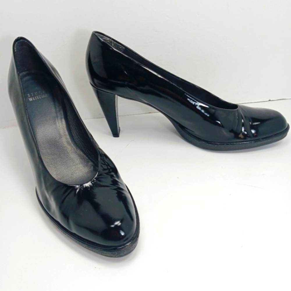 STUART WEITZMAN Black Patent Leather Rubber Outsole & Sole Curved Heel P…
